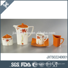 Orange wholesale custom tea set beautiful decal design porcelain tea pot